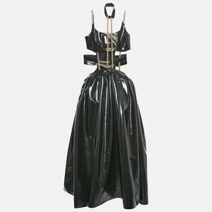 Christopher Kane Black Faux Leather Cut-Out Strap Detail Maxi Dress S